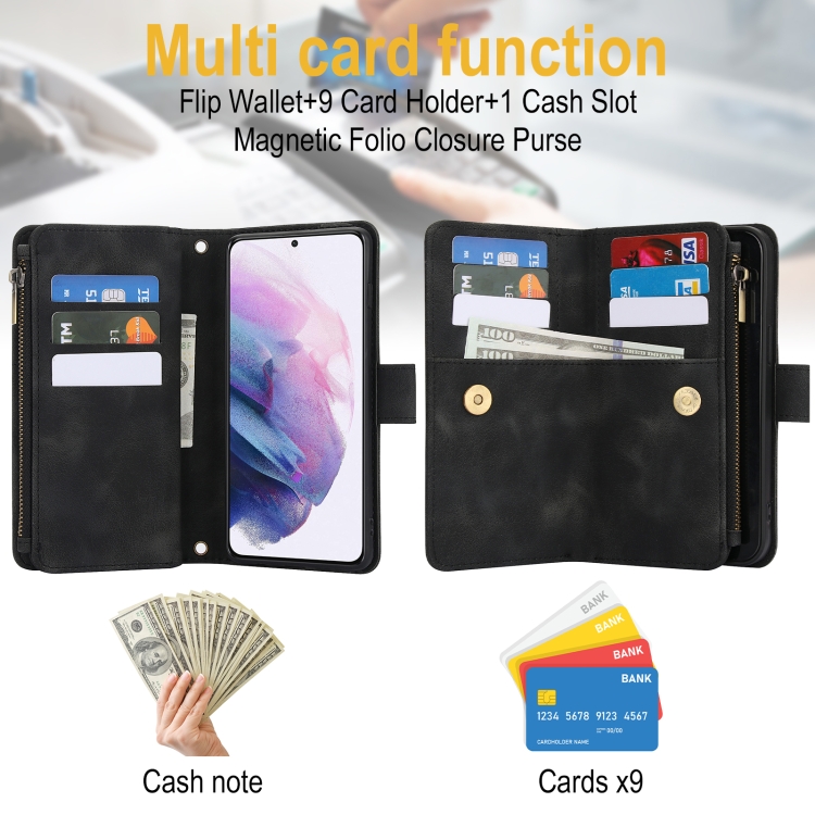 For Samsung Galaxy S21 5G Dream 9-Card Zipper Wallet RFID Leather Phone Case with Lanyard(Black) For Samsung Galaxy S21 5G Dream 9-Card Zipper Wallet RFID Leather Phone Case with Lanyard(Black)