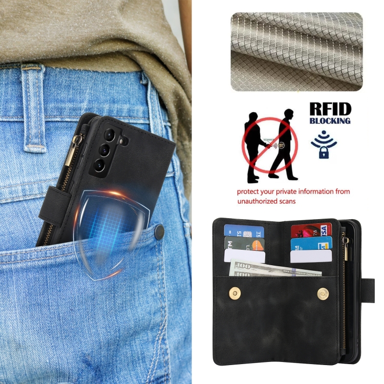 For Samsung Galaxy S21 5G Dream 9-Card Zipper Wallet RFID Leather Phone Case with Lanyard(Black) For Samsung Galaxy S21 5G Dream 9-Card Zipper Wallet RFID Leather Phone Case with Lanyard(Black)