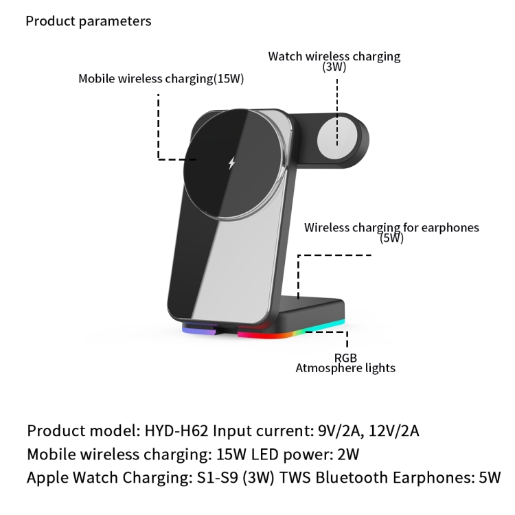 H62 RGB LED Light 3 in 1 Foldable Wireless Charger(Black) H62 RGB LED Light 3 in 1 Foldable Wireless Charger(Black)