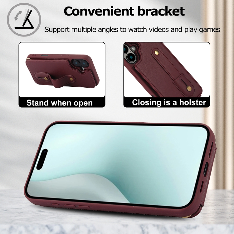 For iPhone 16 Wristband Vertical Flip Wallet Back Cover Phone Case with Long Lanyard(Wine Red) For iPhone 16 Wristband Vertical Flip Wallet Back Cover Phone Case with Long Lanyard(Wine Red)