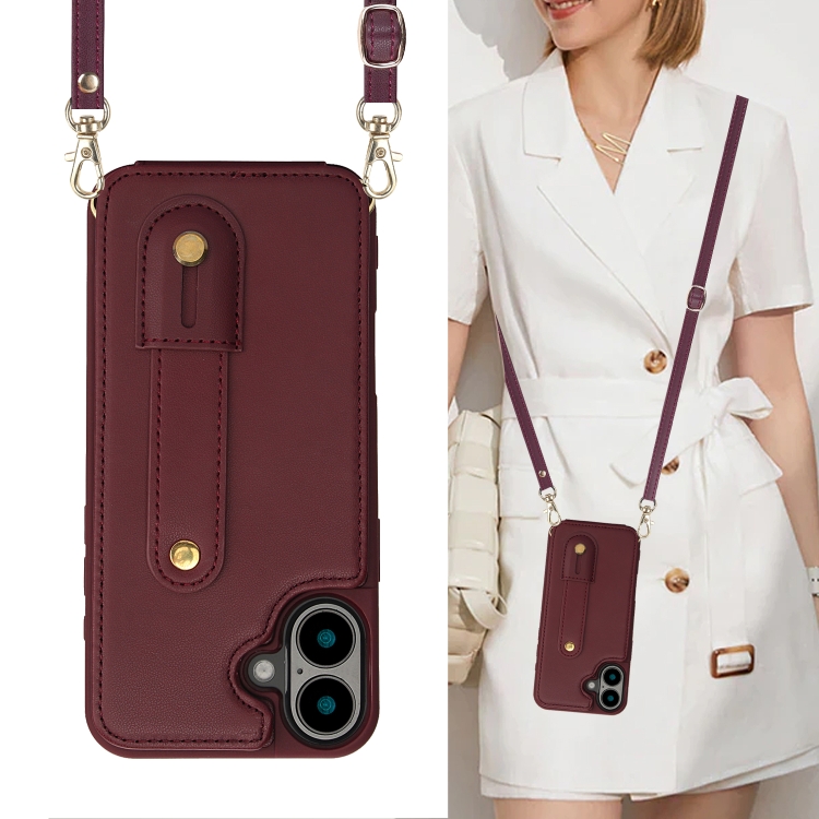 For iPhone 16 Wristband Vertical Flip Wallet Back Cover Phone Case with Long Lanyard(Wine Red) For iPhone 16 Wristband Vertical Flip Wallet Back Cover Phone Case with Long Lanyard(Wine Red)