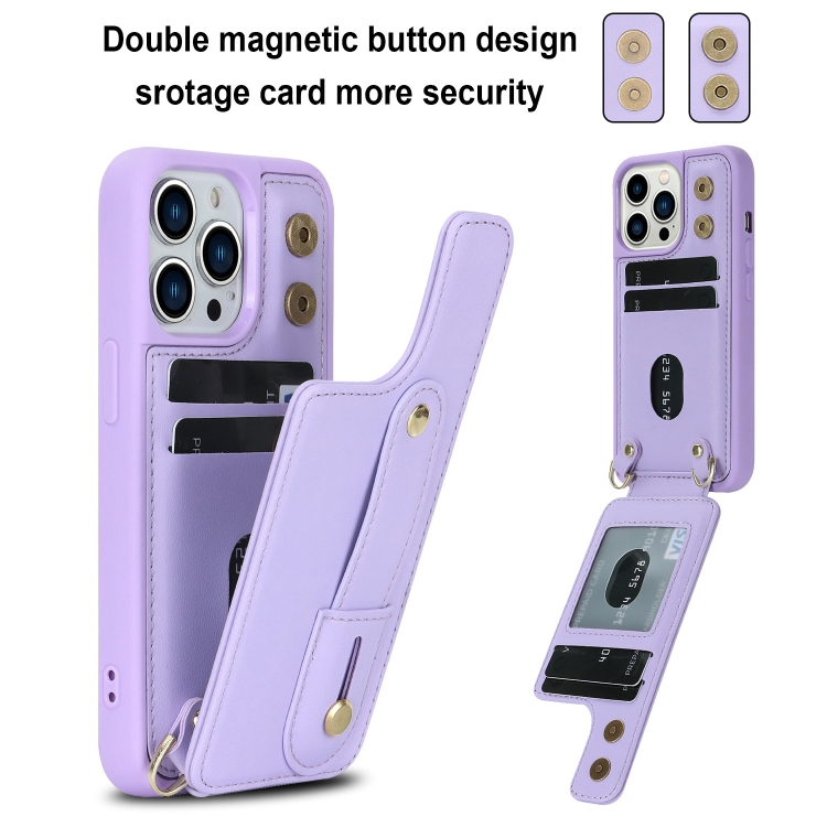 For iPhone 15 Pro Max Wristband Vertical Flip Wallet Back Cover Phone Case with Long Lanyard(Purple) - 1