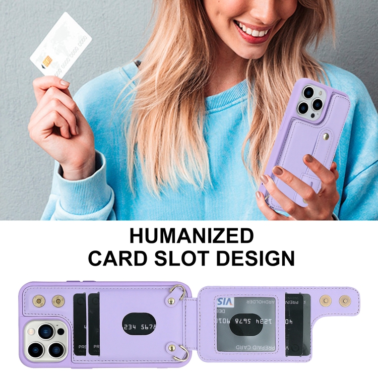 For iPhone 15 Pro Max Wristband Vertical Flip Wallet Back Cover Phone Case with Long Lanyard(Purple) - 2