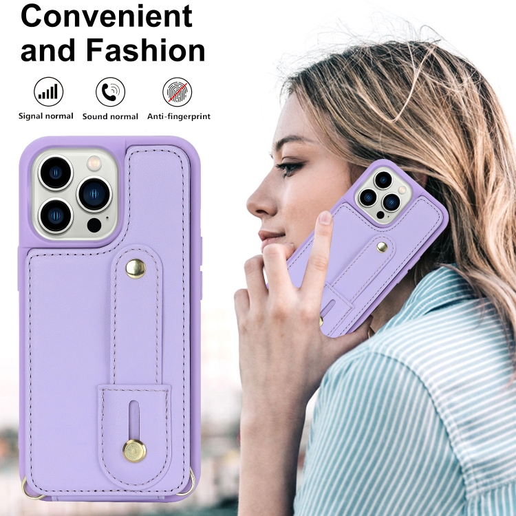 For iPhone 15 Pro Max Wristband Vertical Flip Wallet Back Cover Phone Case with Long Lanyard(Purple) - 3