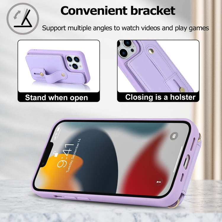 For iPhone 15 Pro Max Wristband Vertical Flip Wallet Back Cover Phone Case with Long Lanyard(Purple) - 4