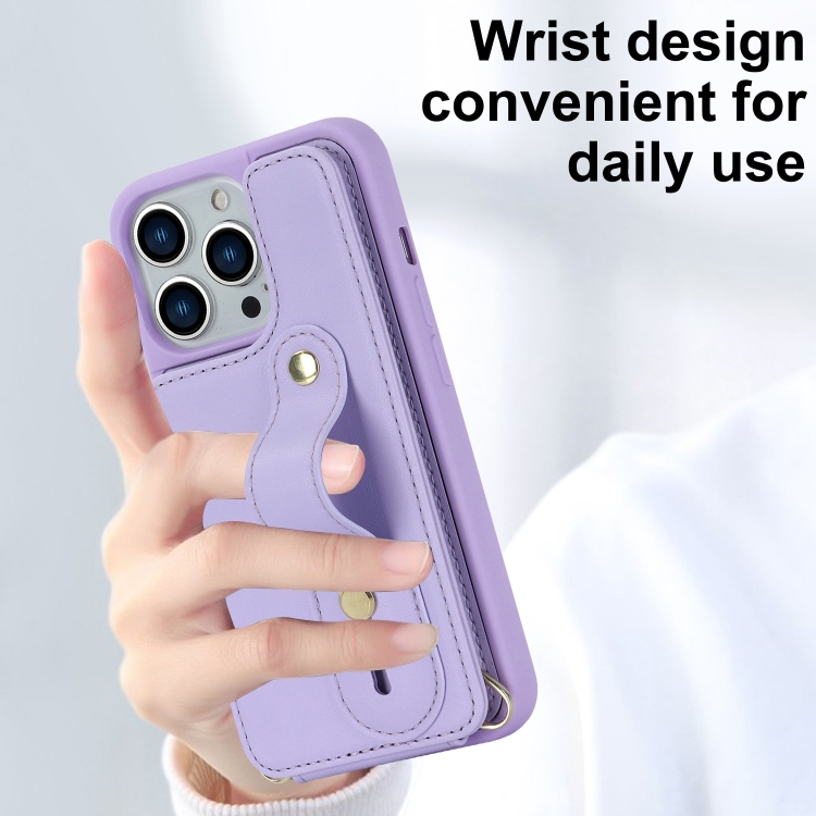 For iPhone 15 Pro Max Wristband Vertical Flip Wallet Back Cover Phone Case with Long Lanyard(Purple) - 5