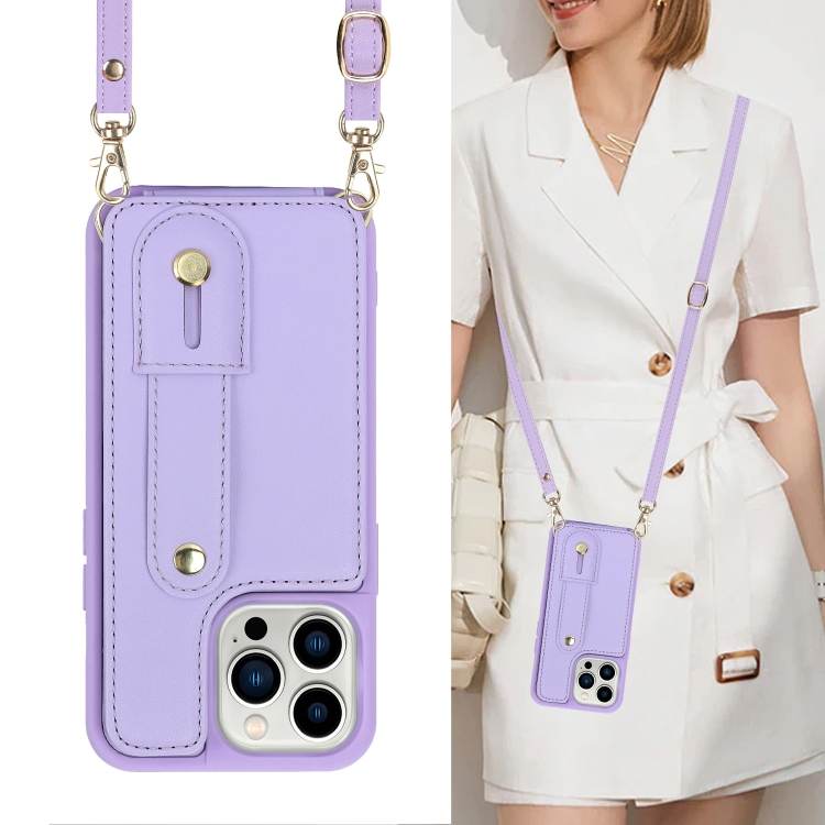 For iPhone 15 Pro Max Wristband Vertical Flip Wallet Back Cover Phone Case with Long Lanyard(Purple) - 6