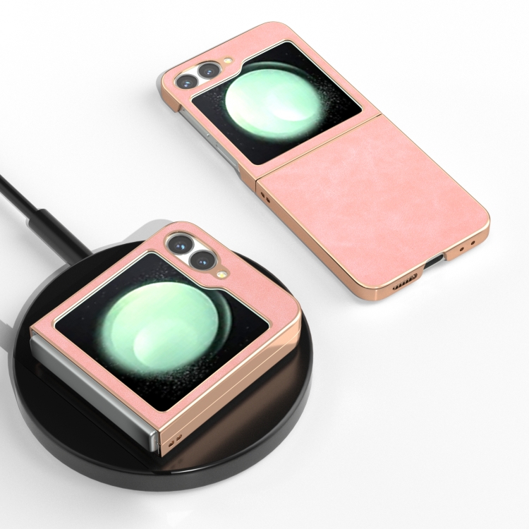For Samsung Galaxy Z Flip6 Electroplated Frame PU Leather Full Coverage Phone Case(Pink) For Samsung Galaxy Z Flip6 Electroplated Frame PU Leather Full Coverage Phone Case(Pink)