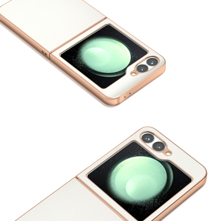 For Samsung Galaxy Z Flip6 ABEEL Electroplated Frame Genuine Leather Elegant Phone Case(White) For Samsung Galaxy Z Flip6 ABEEL Electroplated Frame Genuine Leather Elegant Phone Case(White)