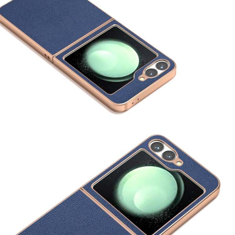 For Samsung Galaxy Z Flip6 ABEEL Electroplating Frame Genuine Leather Luolai Series Phone Case(Dark Blue)
