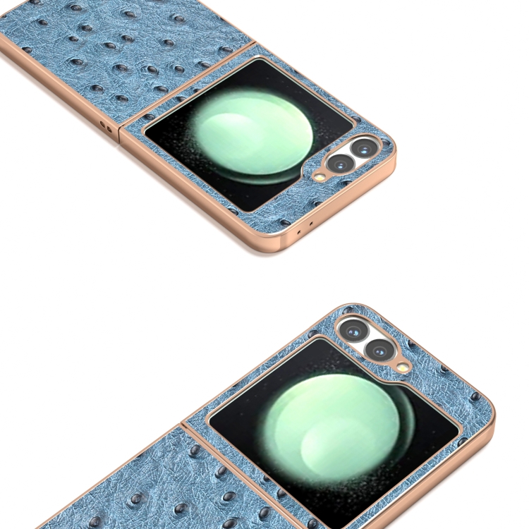 For Samsung Galaxy Z Flip6 ABEEL Electroplating Frame Genuine Leather Ostrich Texture Phone Case(Dark Blue) For Samsung Galaxy Z Flip6 ABEEL Electroplating Frame Genuine Leather Ostrich Texture Phone Case(Dark Blue)