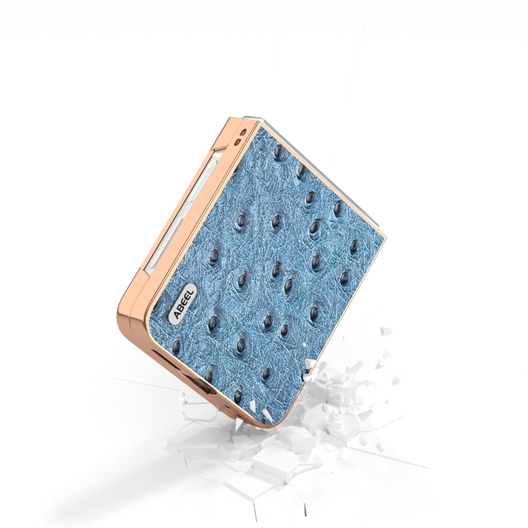For Samsung Galaxy Z Flip6 ABEEL Electroplating Frame Genuine Leather Ostrich Texture Phone Case(Dark Blue) For Samsung Galaxy Z Flip6 ABEEL Electroplating Frame Genuine Leather Ostrich Texture Phone Case(Dark Blue)