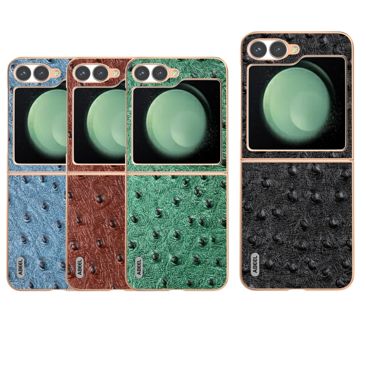 For Samsung Galaxy Z Flip6 ABEEL Electroplating Frame Genuine Leather Ostrich Texture Phone Case(Dark Blue) For Samsung Galaxy Z Flip6 ABEEL Electroplating Frame Genuine Leather Ostrich Texture Phone Case(Dark Blue)