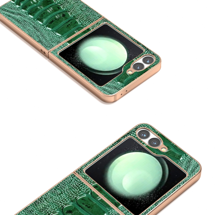 For Samsung Galaxy Z Flip6 ABEEL Electroplating Frame Genuine Leather Weilai Series Phone Case(Green) For Samsung Galaxy Z Flip6 ABEEL Electroplating Frame Genuine Leather Weilai Series Phone Case(Green)