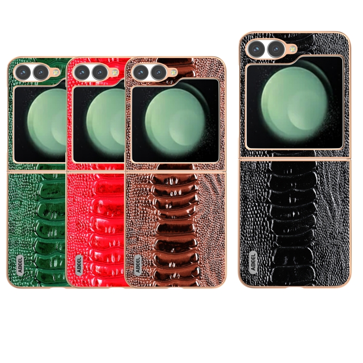 For Samsung Galaxy Z Flip6 ABEEL Electroplating Frame Genuine Leather Weilai Series Phone Case(Green) For Samsung Galaxy Z Flip6 ABEEL Electroplating Frame Genuine Leather Weilai Series Phone Case(Green)