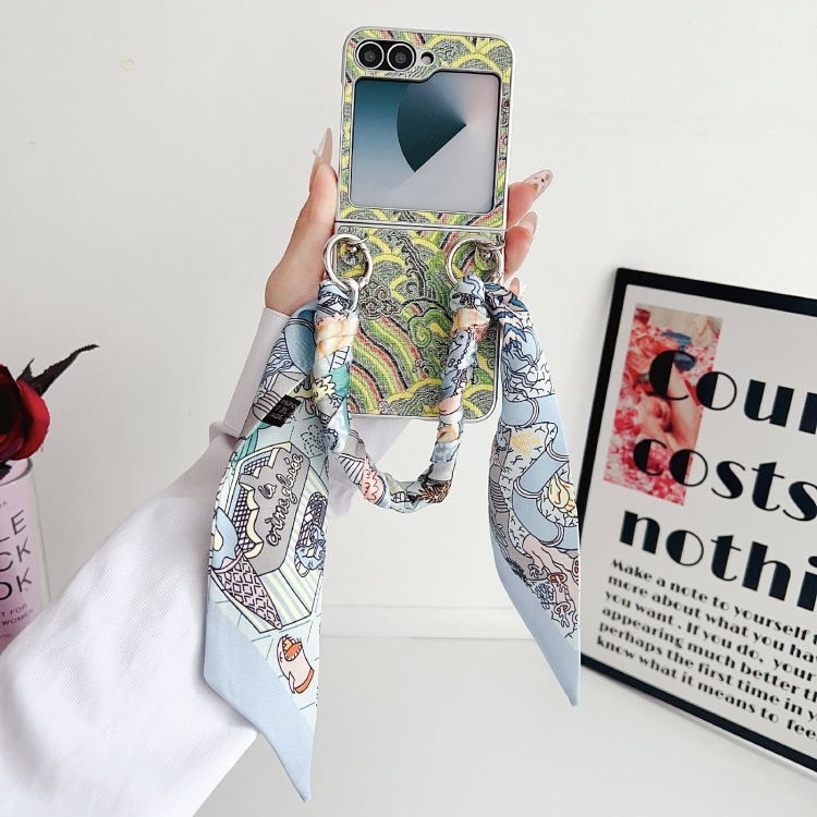 For Samsung Galaxy Z Flip6 Propitious Clouds Embroidery Full Coverage Phone Case with Scarf / Bracelet(Green) For Samsung Galaxy Z Flip6 Propitious Clouds Embroidery Full Coverage Phone Case with Scarf / Bracelet(Green)
