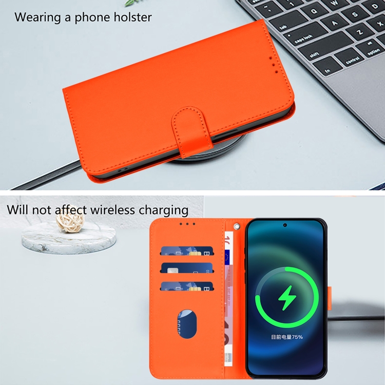 For iPhone 16 Plus Skin Feel Solid Color Leather Phone Case with Lanyard(Orange)