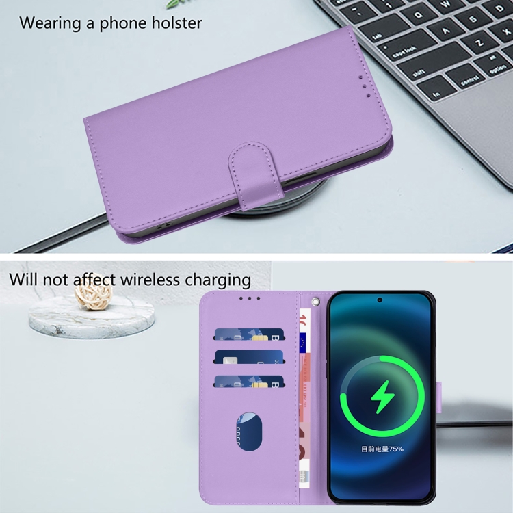 For iPhone 16 Skin Feel Solid Color Leather Phone Case with Lanyard(Lavender Purple)
