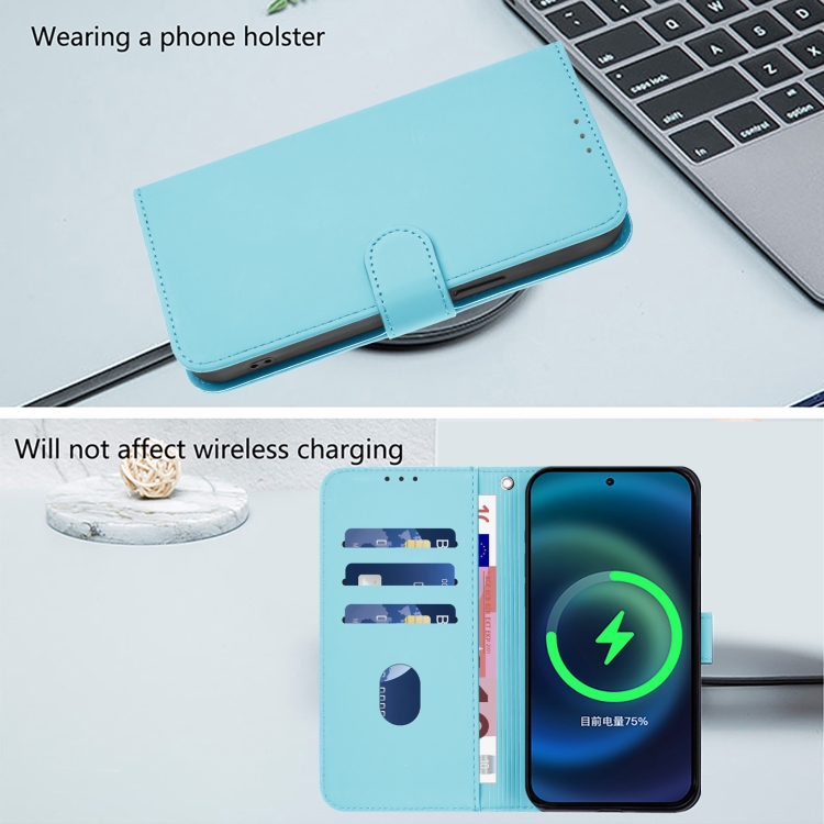 For iPhone 15 Pro Max Skin Feel Solid Color Leather Phone Case with Lanyard(Sky Blue)