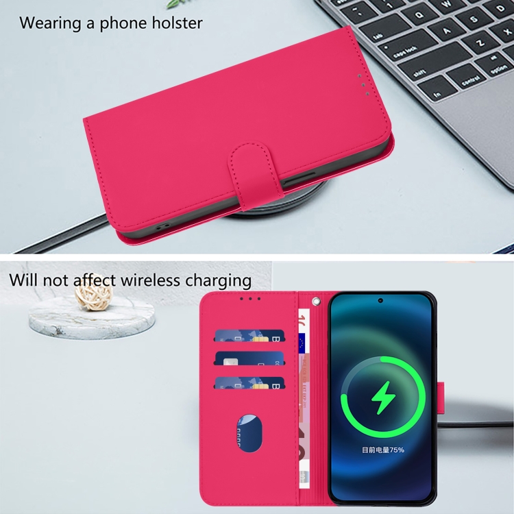For iPhone 15 Pro Skin Feel Solid Color Leather Phone Case with Lanyard(Rose Red)