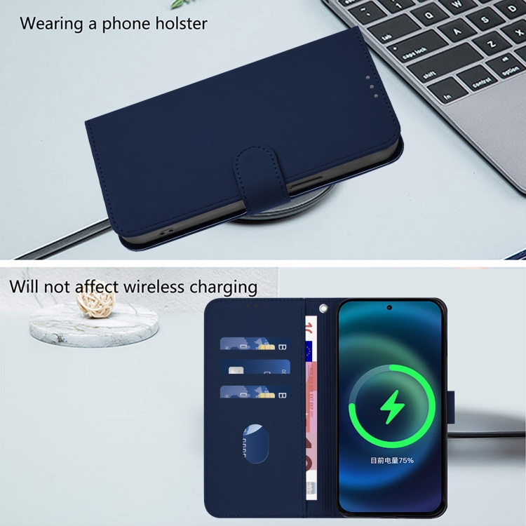 For iPhone 15 Plus Skin Feel Solid Color Leather Phone Case with Lanyard(Navy Blue)