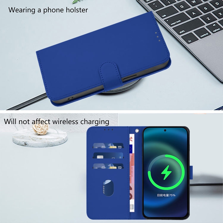 For iPhone 15 Skin Feel Solid Color Leather Phone Case with Lanyard(Dark Blue)