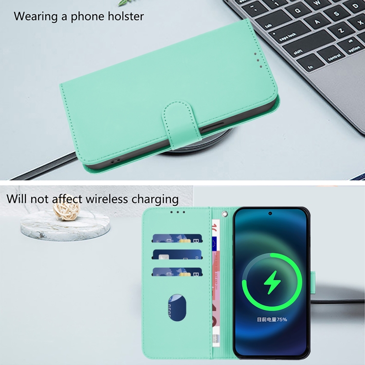 For iPhone 14 Pro Skin Feel Solid Color Leather Phone Case with Lanyard(Mint Green)