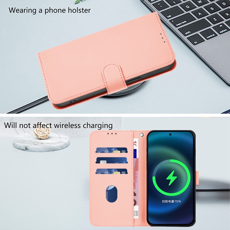 For iPhone 13 Pro Max Skin Feel Solid Color Leather Phone Case with Lanyard(Pink)