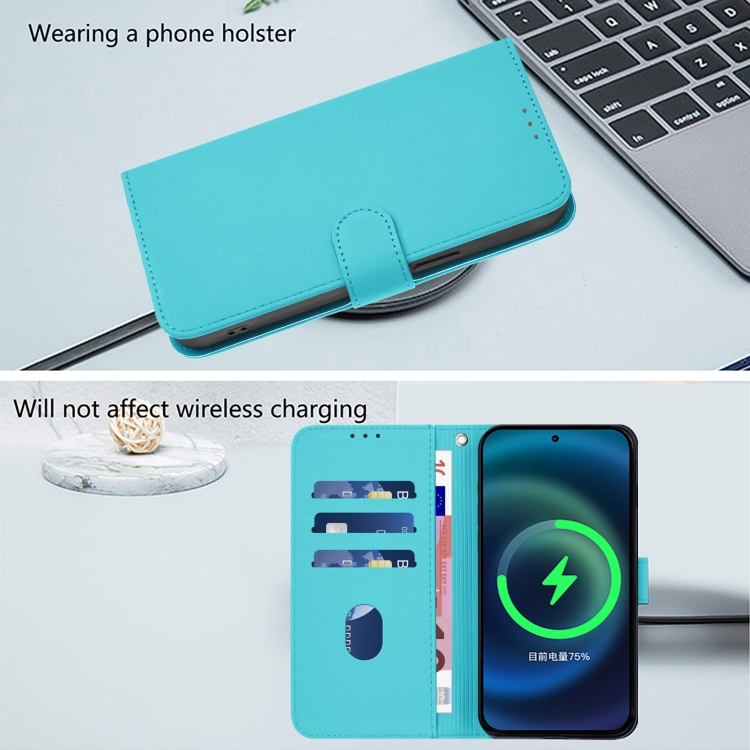 For iPhone 13 mini Skin Feel Solid Color Leather Phone Case with Lanyard(Lake Blue)