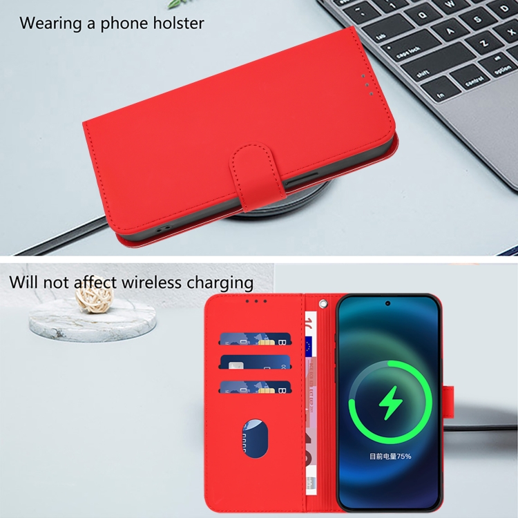 For iPhone 12 mini Skin Feel Solid Color Leather Phone Case with Lanyard(Red)