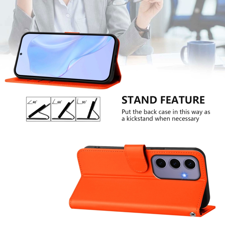 For Samsung Galaxy S24 5G Skin Feel Solid Color Leather Phone Case with Lanyard(Orange) For Samsung Galaxy S24 5G Skin Feel Solid Color Leather Phone Case with Lanyard(Orange)