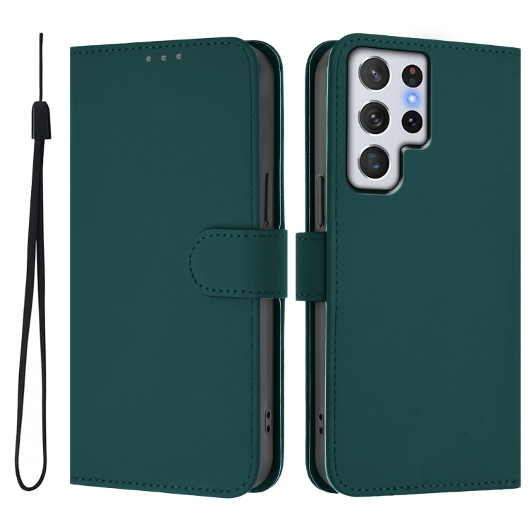 For Samsung Galaxy S22 Ultra 5G Skin Feel Solid Color Leather Phone Case with Lanyard(Dark Green) For Samsung Galaxy S22 Ultra 5G Skin Feel Solid Color Leather Phone Case with Lanyard(Dark Green)