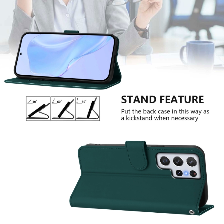 For Samsung Galaxy S22 Ultra 5G Skin Feel Solid Color Leather Phone Case with Lanyard(Dark Green) For Samsung Galaxy S22 Ultra 5G Skin Feel Solid Color Leather Phone Case with Lanyard(Dark Green)