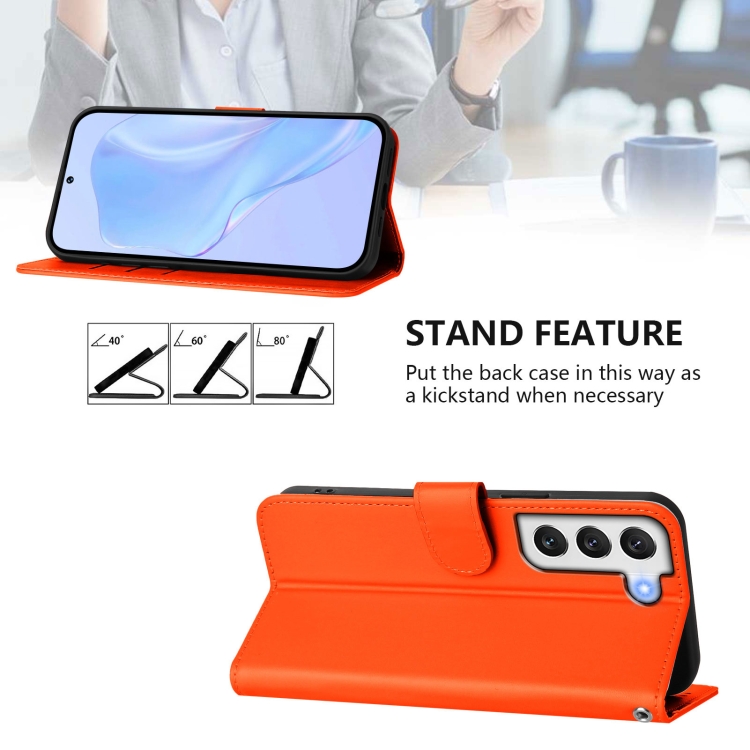 For Samsung Galaxy S22 5G Skin Feel Solid Color Leather Phone Case with Lanyard(Orange) For Samsung Galaxy S22 5G Skin Feel Solid Color Leather Phone Case with Lanyard(Orange)