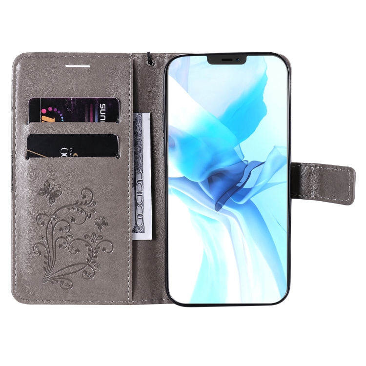 For iPhone 12 / 12 Pro 3D Butterfly Embossed Pattern Horizontal Flip Leather Case with Holder & Card Slot & Wallet & Lanyard(Grey) For iPhone 12 / 12 Pro 3D Butterfly Embossed Pattern Horizontal Flip Leather Case with Holder & Card Slot & Wallet & Lanyard(Grey)