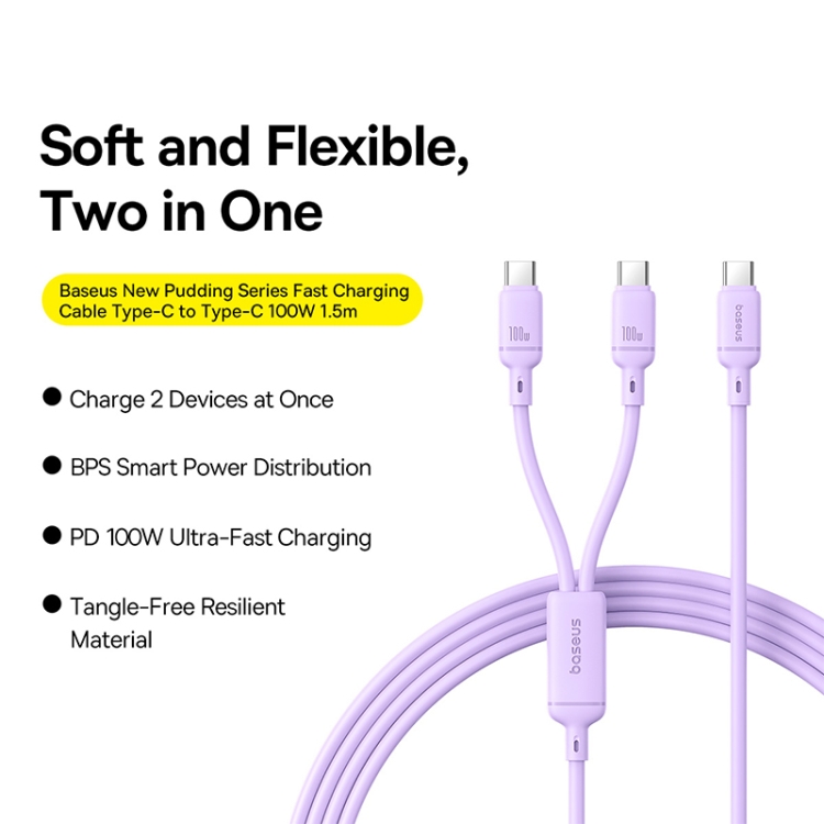 Câble de charge rapide USB-C / Type-C vers double Type-C Baseus Silky Series 1,5 m 100 W (violet nébuleux) - 1