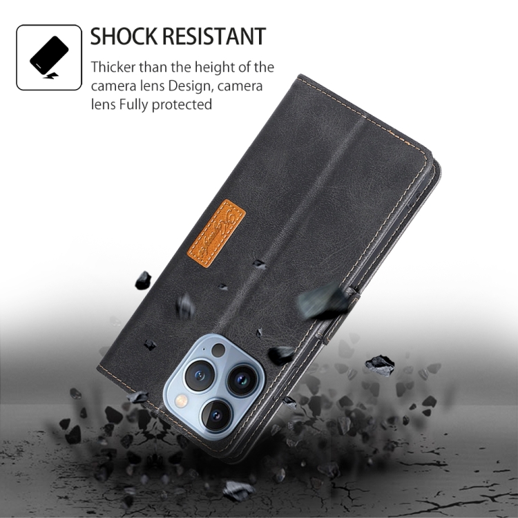 For iPhone 16 Pro Max Contrast Color Side Buckle Leather Phone Case(Black + Grey) For iPhone 16 Pro Max Contrast Color Side Buckle Leather Phone Case(Black + Grey)