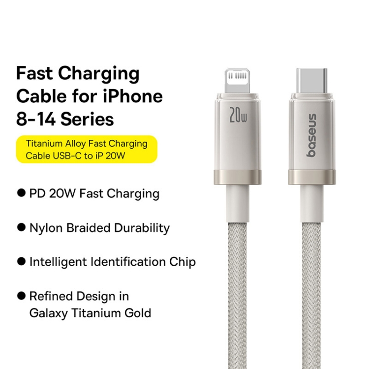 Baseus Titanium Alloy Series 20W USB-C / Type-C to 8 Pin Fast Charging Cable, Length:1m(Gold) Baseus Titanium Alloy Series 20W USB-C / Type-C to 8 Pin Fast Charging Cable, Length:1m(Gold)