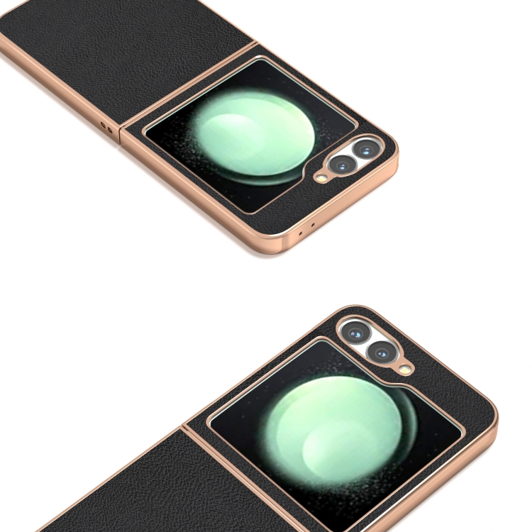 For Samsung Galaxy Z Flip6 ABEEL Electroplating Frame Genuine Leather + PC Litchi Texture Phone Case(Black) For Samsung Galaxy Z Flip6 ABEEL Electroplating Frame Genuine Leather + PC Litchi Texture Phone Case(Black)