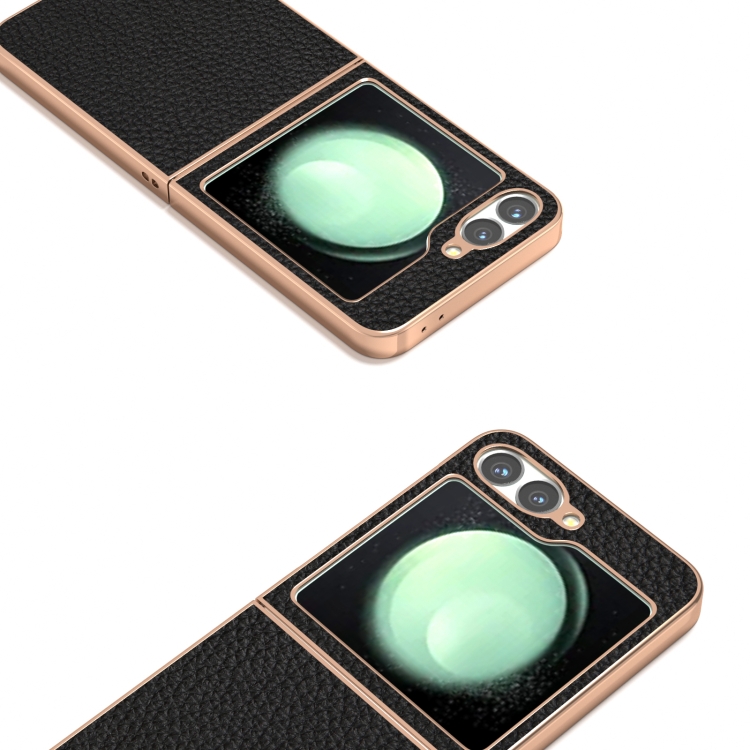 For Samsung Galaxy Z Flip6 ABEEL Electroplating Frame Genuine Leather Litchi Texture Phone Case(Black) For Samsung Galaxy Z Flip6 ABEEL Electroplating Frame Genuine Leather Litchi Texture Phone Case(Black)