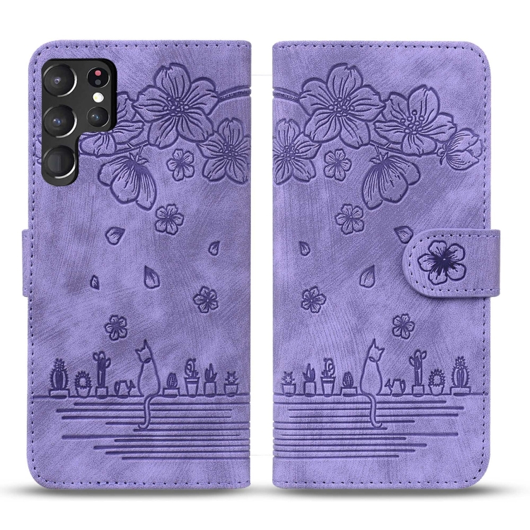 For Samsung Galaxy S24 Ultra 5G Cartoon Sakura Cat Embossed Leather Phone Case(Purple)