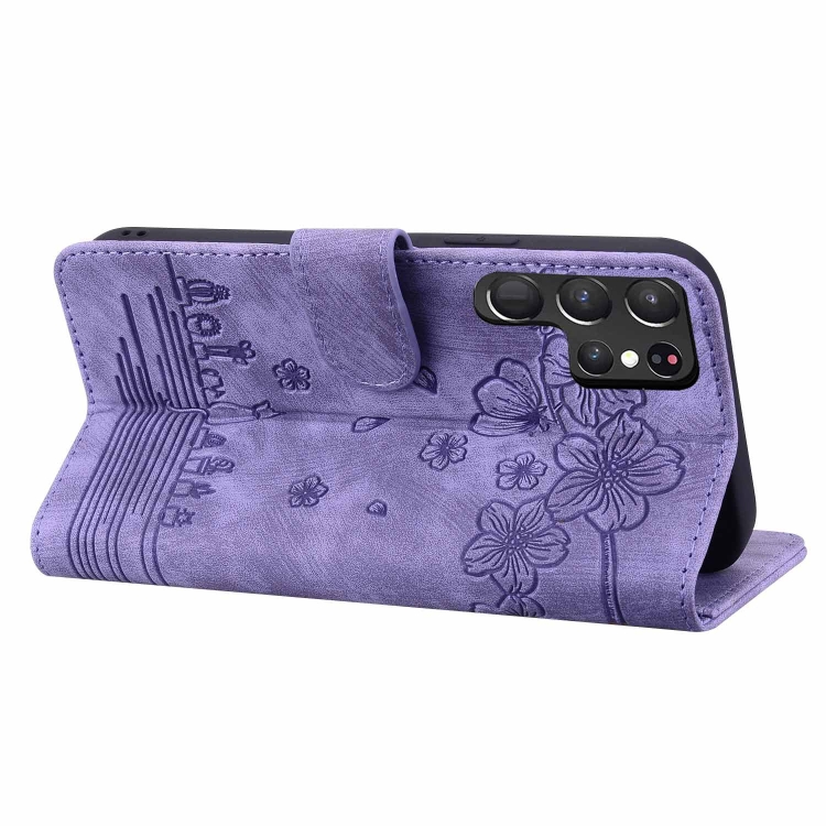 For Samsung Galaxy S24 Ultra 5G Cartoon Sakura Cat Embossed Leather Phone Case(Purple)