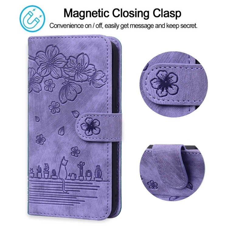 For Samsung Galaxy S24 Ultra 5G Cartoon Sakura Cat Embossed Leather Phone Case(Purple)