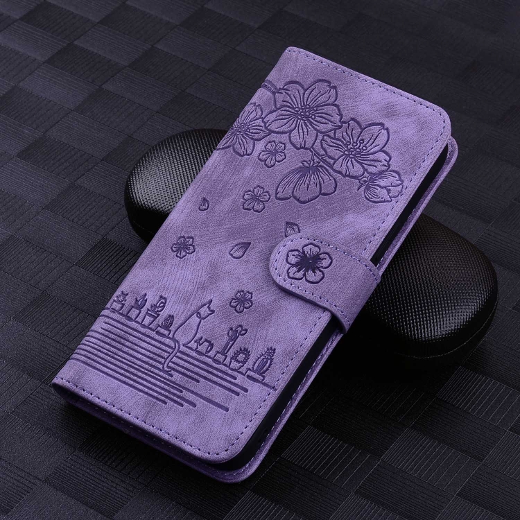 For Samsung Galaxy S24 Ultra 5G Cartoon Sakura Cat Embossed Leather Phone Case(Purple)