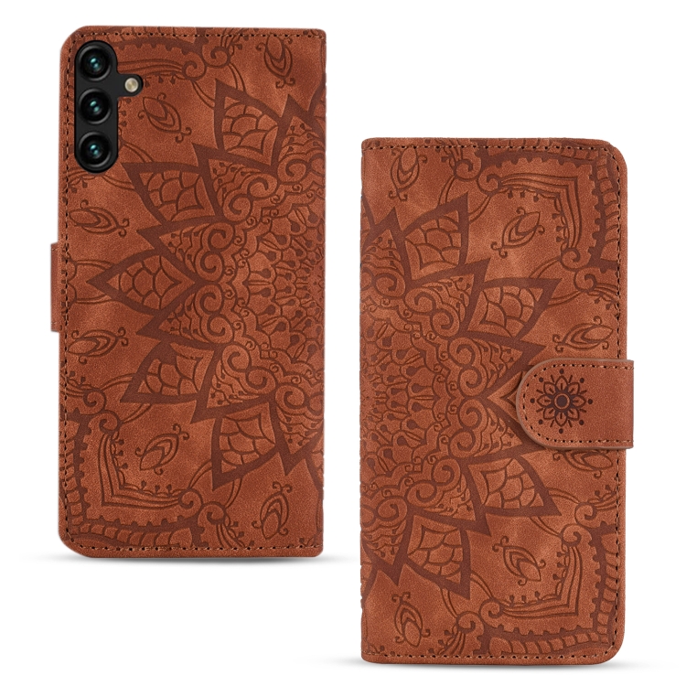 For Samsung Galaxy S24 FE 5G Mandala Embossed Dual-Fold Calf Leather Phone Case(Brown) For Samsung Galaxy S24 FE 5G Mandala Embossed Dual-Fold Calf Leather Phone Case(Brown)