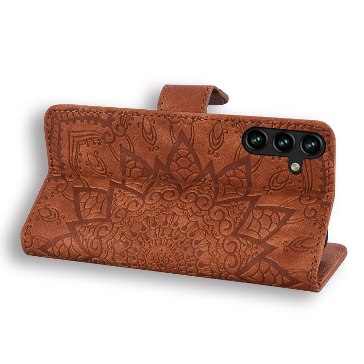 For Samsung Galaxy S24 FE 5G Mandala Embossed Dual-Fold Calf Leather Phone Case(Brown) For Samsung Galaxy S24 FE 5G Mandala Embossed Dual-Fold Calf Leather Phone Case(Brown)
