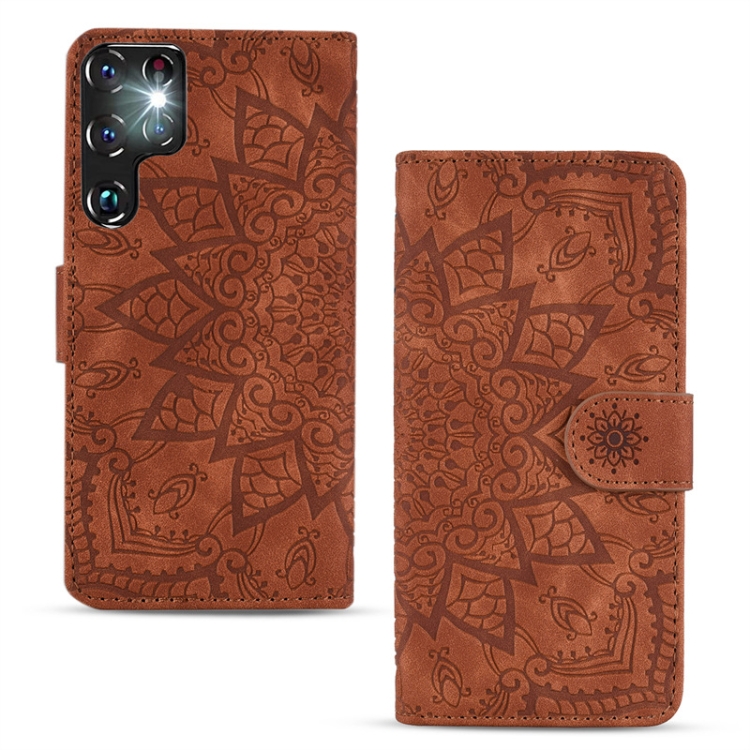 For Samsung Galaxy S24 Ultra 5G Mandala Embossed Dual-Fold Calf Leather Phone Case(Brown) For Samsung Galaxy S24 Ultra 5G Mandala Embossed Dual-Fold Calf Leather Phone Case(Brown)