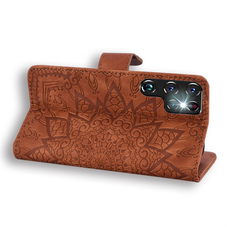 For Samsung Galaxy S24 Ultra 5G Mandala Embossed Dual-Fold Calf Leather Phone Case(Brown) For Samsung Galaxy S24 Ultra 5G Mandala Embossed Dual-Fold Calf Leather Phone Case(Brown)