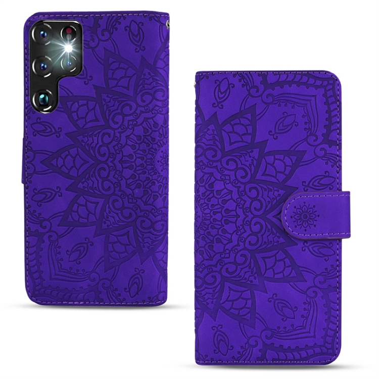 For Samsung Galaxy S23 Ultra 5G Mandala Embossed Dual-Fold Calf Leather Phone Case(Purple) For Samsung Galaxy S23 Ultra 5G Mandala Embossed Dual-Fold Calf Leather Phone Case(Purple)