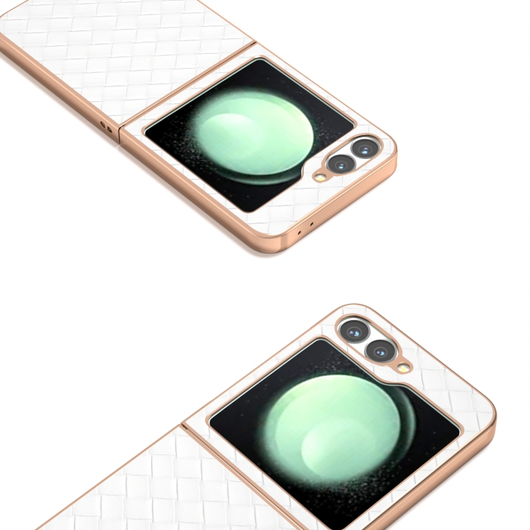 For Samsung Galaxy Z Flip6 Electroplated Frame Woven Texture PU Phone Case(White)